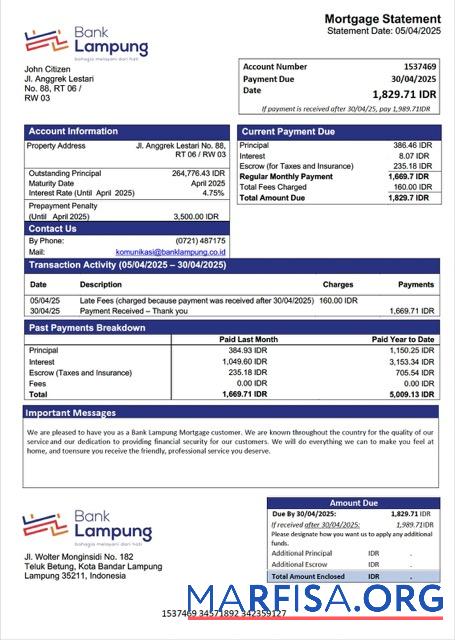 Downloadable Indonesia Bank Lampung mortgage statement Word and PDF template